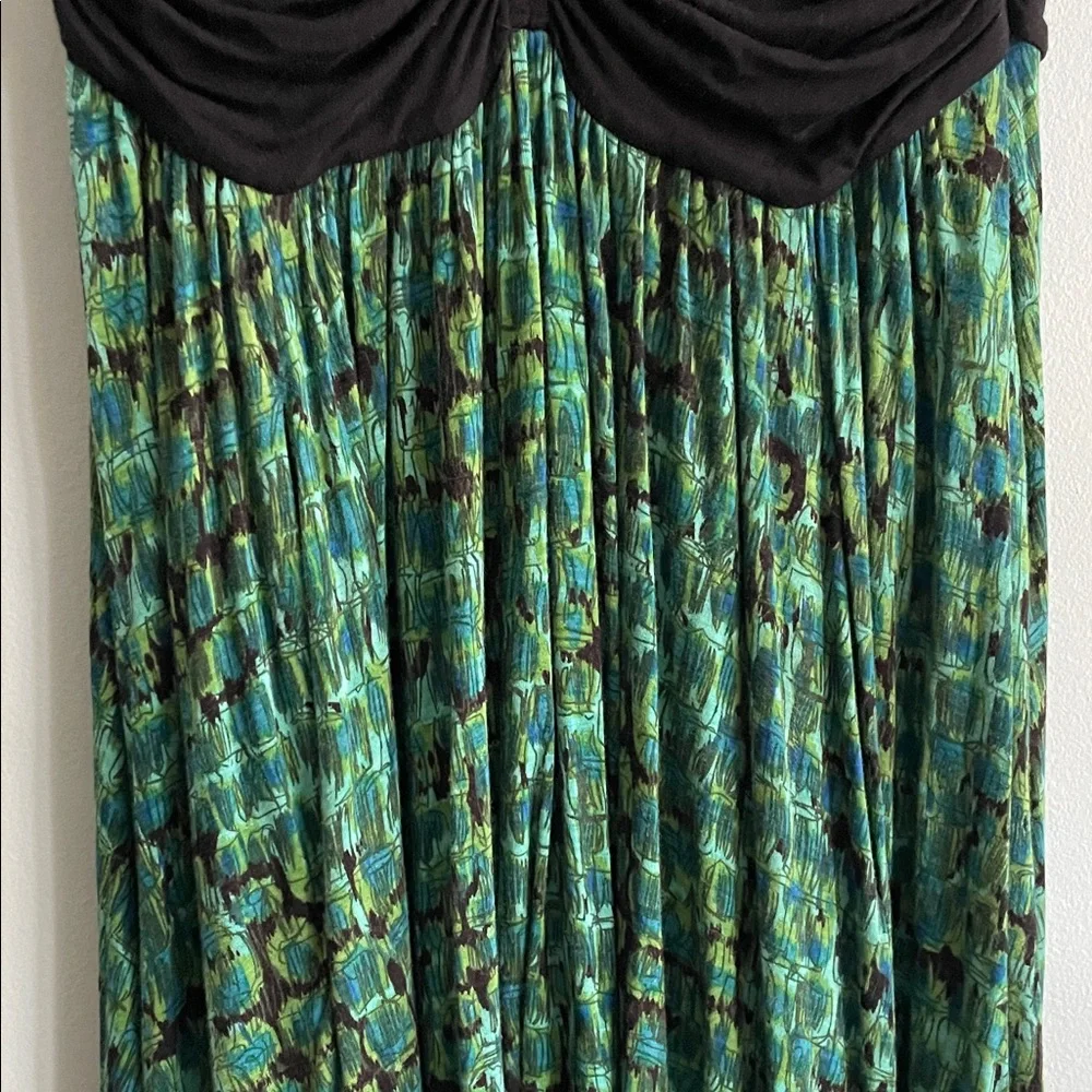 Plenty by Tracy Reese Green Patterned Midi Dress with Black Ruched Waist - Picture 6 of 7